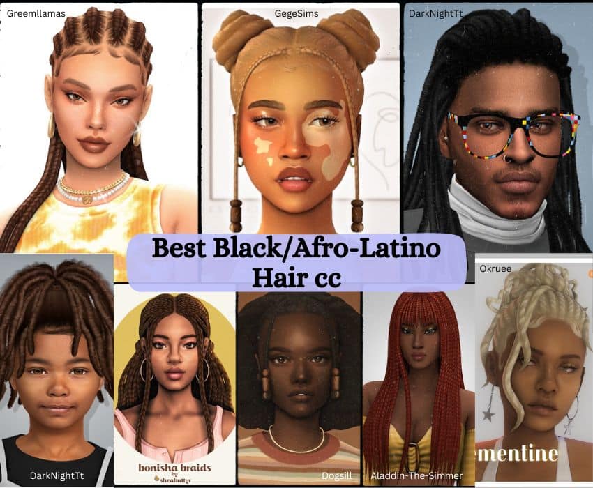 Different Sims with Braids, dreads, braided updos, and afros