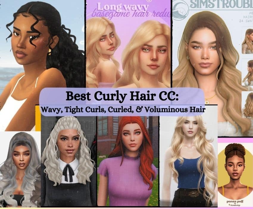 collage of sims with curly hair cc and wavy hair cc