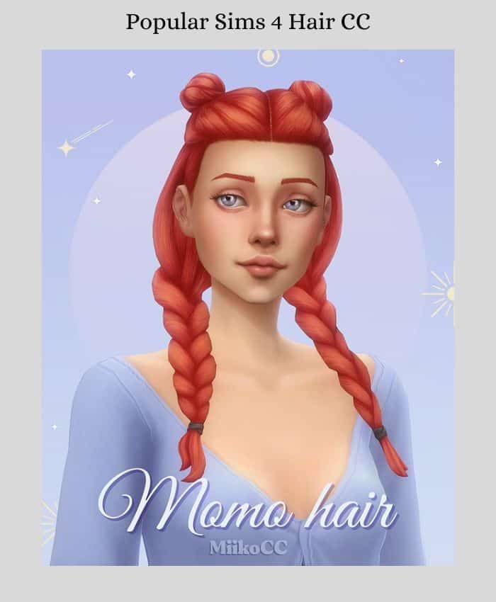 cute girl sim with space buns and braids in pinkish red colored hair