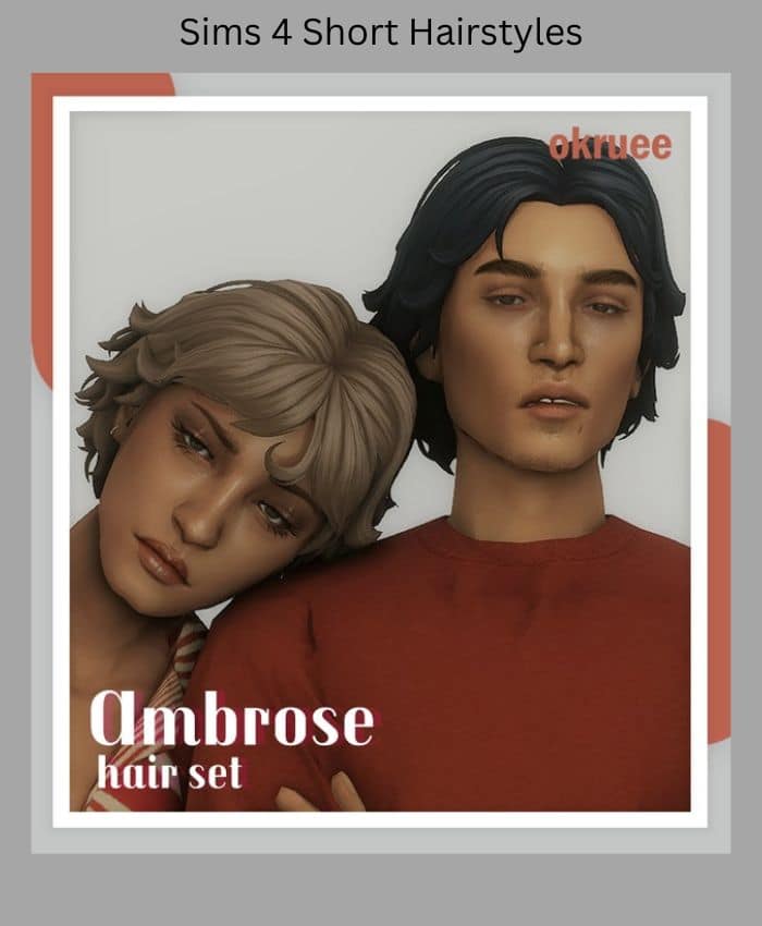 female sim and male sim both with the same short hairstyle but female sim has bangs and male sim does not