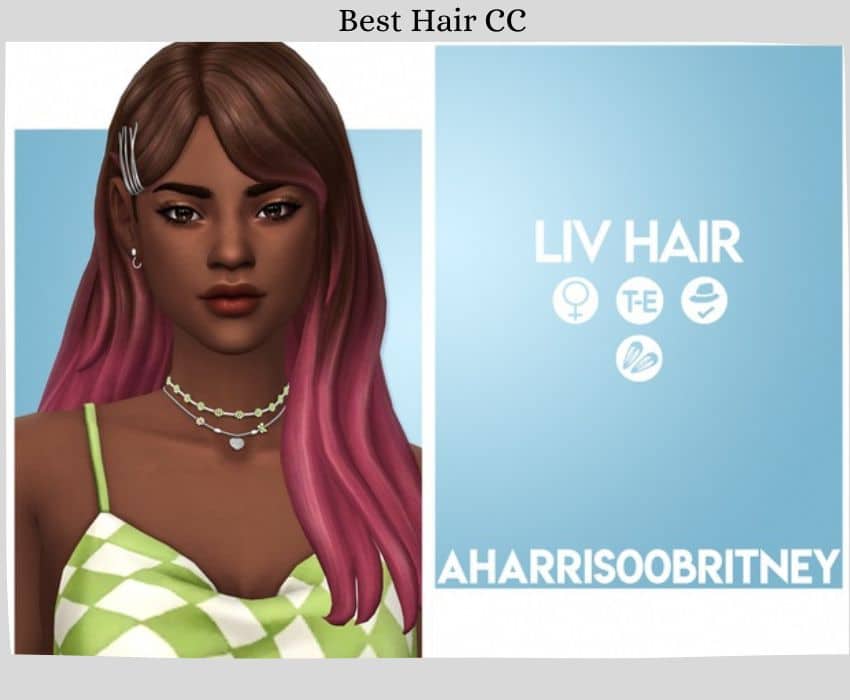 Female sim with medium-length hair ombre colored with dark brown to pink. and hair clips on bangs