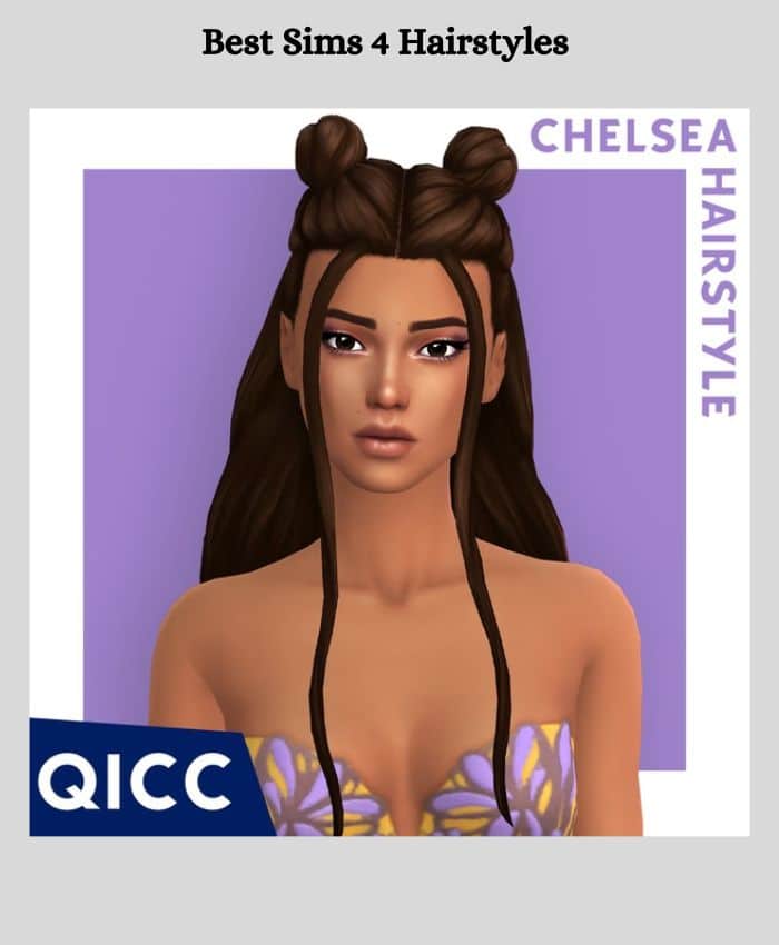 girl sim with long hair, hair strands near face and space buns