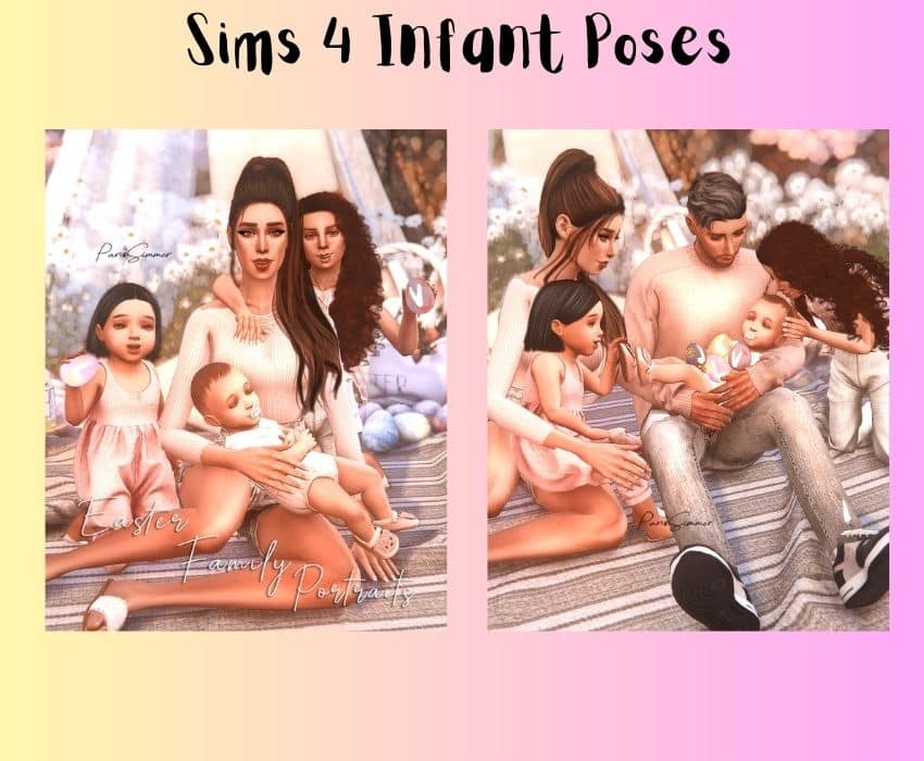sim parents with their three daughters posing for easter photo. 