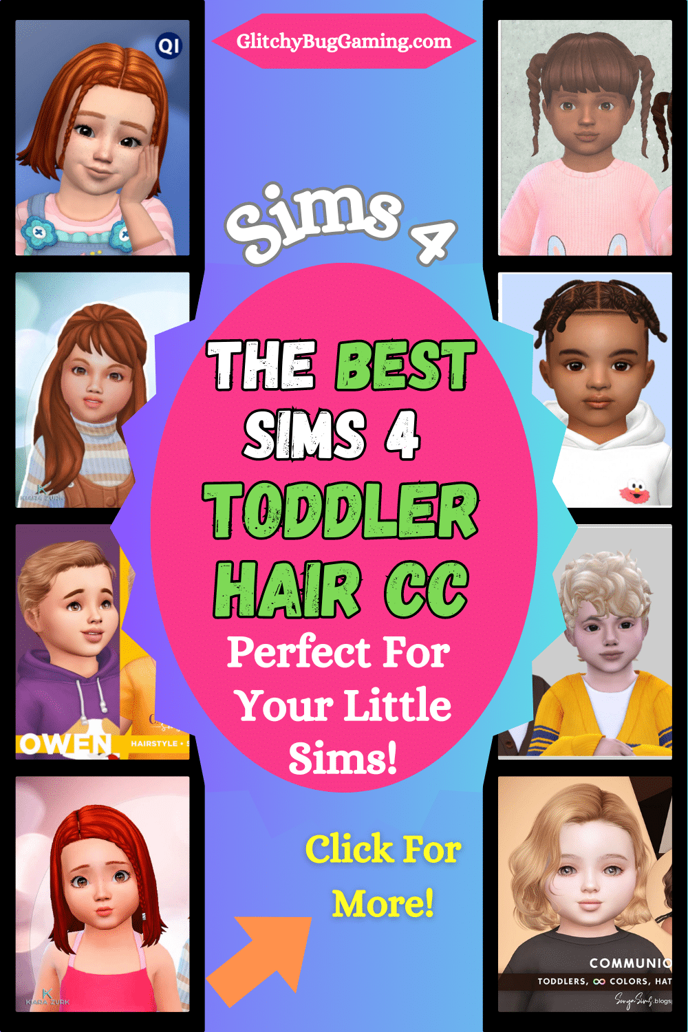 Sims 4 toddler hair cc on different toddler sims, both girls and boys. 