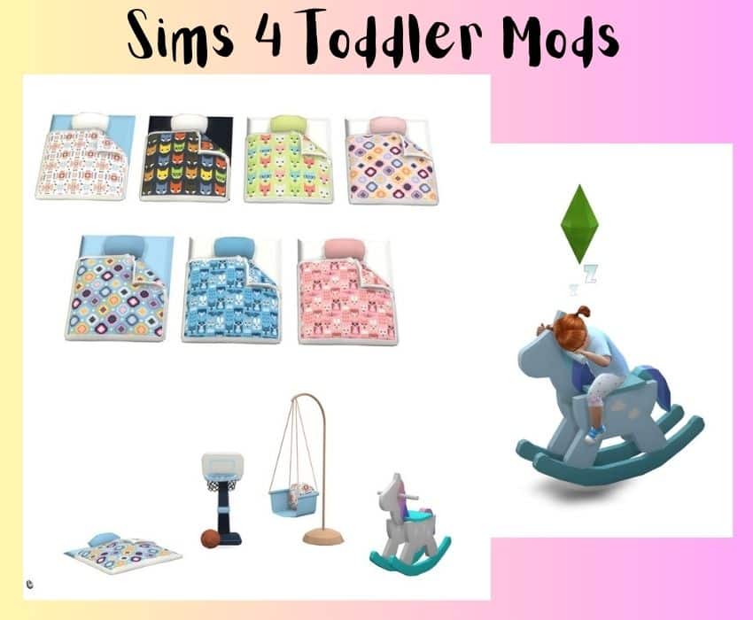 Sims 4 toddler mod pack of rocking horse, swingset, basketball hoop, and sleeping mat. Toddler sim is on rocking horse