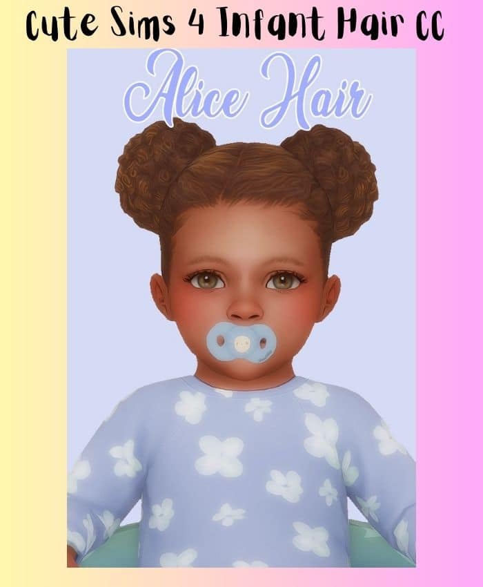 Infant sim with a pacifier and purple flower sweater. her hair is curly pigtails 