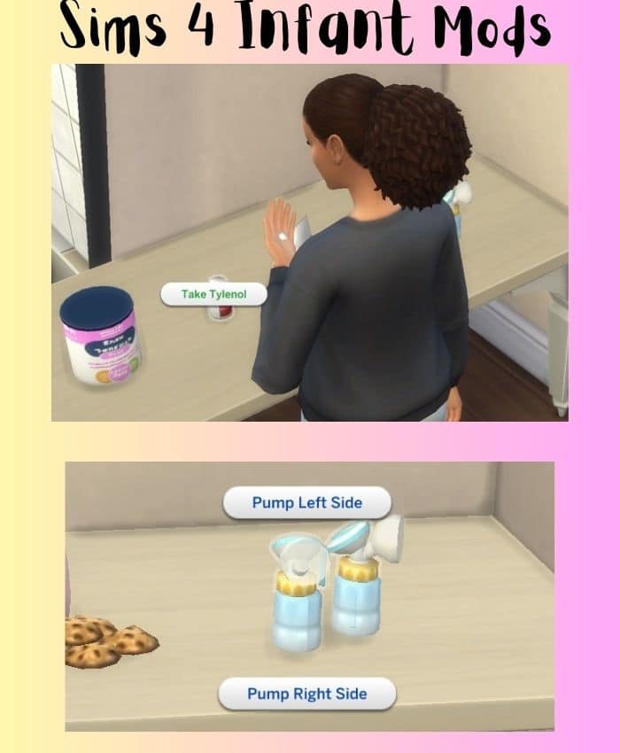 Sims 4 lactation mod, female sim deciding what to do, and baby formula and cookies for lactation on counter with milk bottle