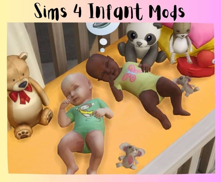 two sim babies laying down on crib with teddy bears