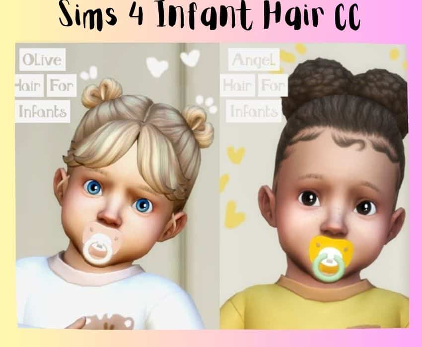 two girl infants with different hairstyles, one has space buns and bangs and the other has curly puffs and baby hairs, both have pacifiers 