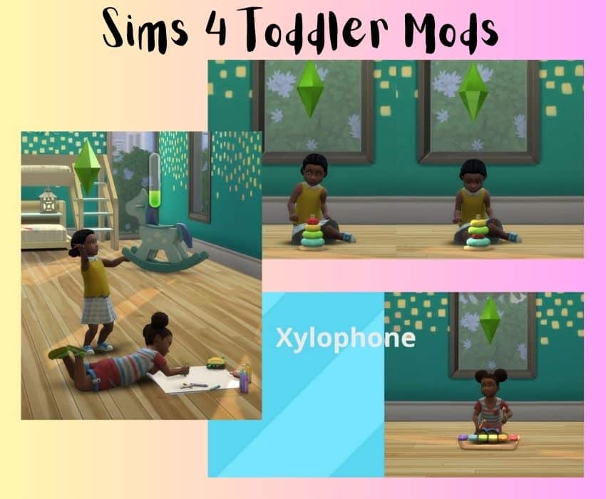 sims 4 toddlers playing with stack toy, xylophone, and drawing