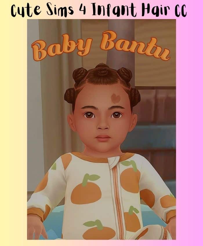 baby girl sim with bantu knots and wearing a onesie with fruit on it