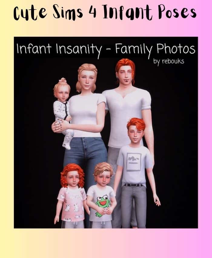 sim family with 2 toddlers, kid, infant and two parents all posing for family photo