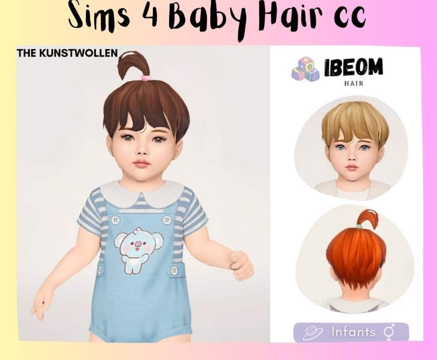 Infant sim in overalls with blue koala on it, and a short hairstyle with a ponytail on top. side is front and back version of look and one has no ponytail 