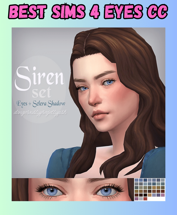 brunette sim with blue eyes and grid of colors for contacts