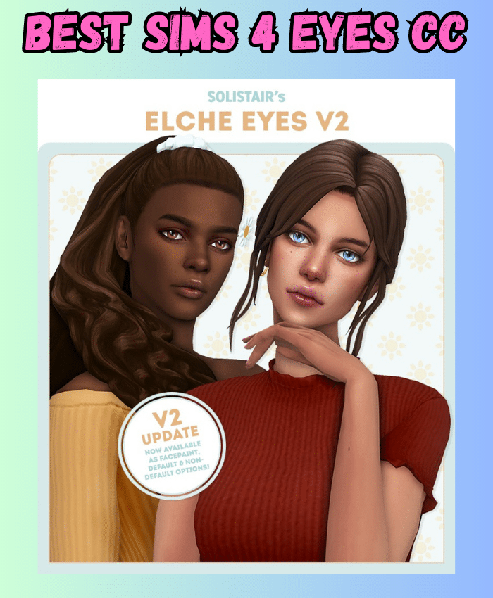 two female sims standing next to each other, closeup of them, both brunettes and one has golden brown skin and brown eyes and one has pinkish tan skin with blue eyes 