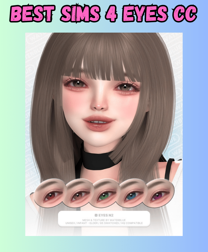 female sim with grey hair and contacts and examples of shades of contacts
