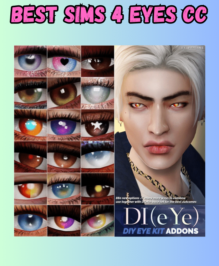 sims 4 male sim  with unique eyes and grid of unique and magical eyes cc