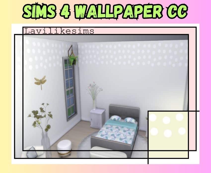 sims 4 bedroom with grey wallpaper with circles on it