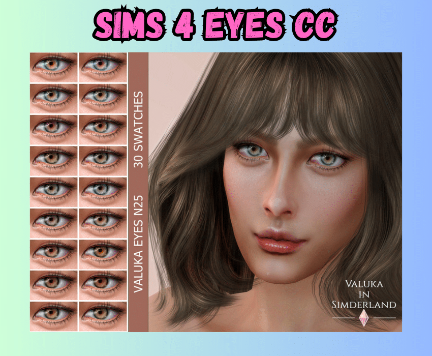 female sim with hazel eyes and various shades of eyes next to her
