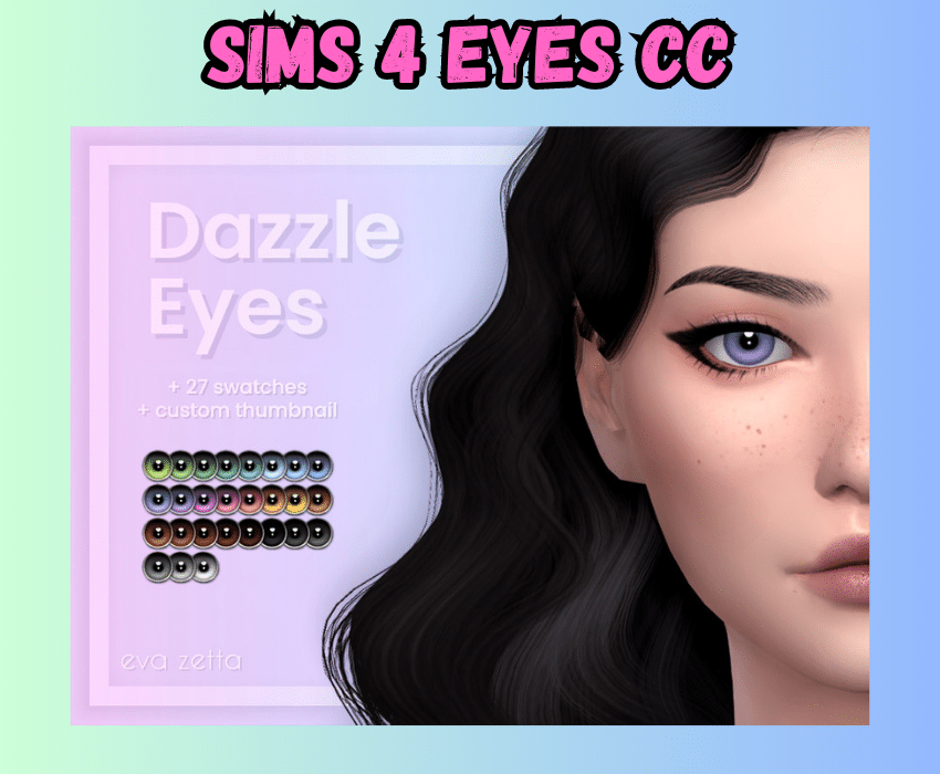 sims 4 eyes on half face view of girl sim with dark hair and purple eyes. next to her is examples of eyes