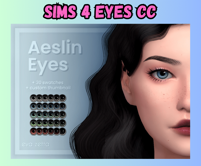 half face view of female sim with dark hair and blue eyes and eye swatches in various shades 