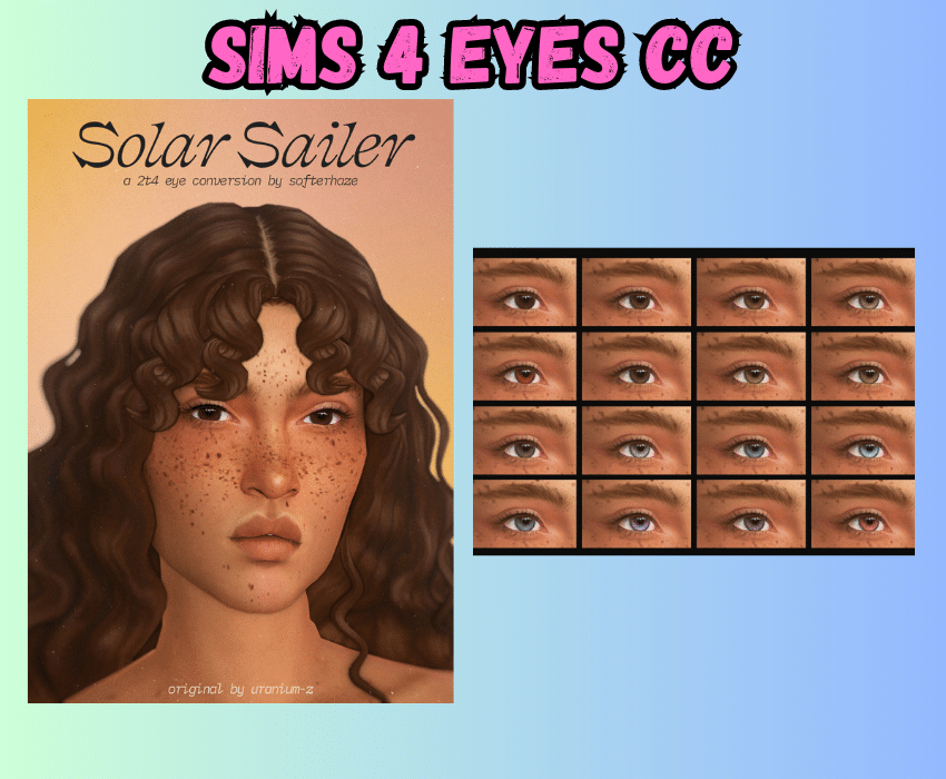 sims 4 dark brown eyes on female sim with freckles and brown curly hair and grid of different eye swatches