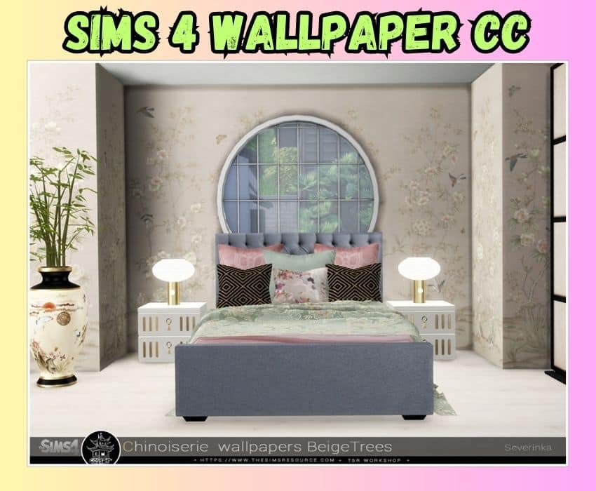 sims 4 bedroom with flower wallpaper that has birds on it