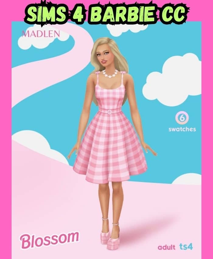 sims 4 barbie pink checkered dress with flower necklace 