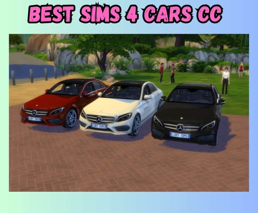 This photo shows 3 colors of the Mercedes-Benz C class vehicle side by side with a beach background and sim characters standing in the background and was created for Sims 4 cars Custom Content