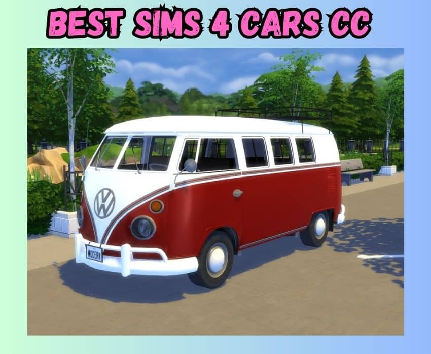 A half white, half red 1965 Volkswagen Bus is shown for Sims 4 CC.