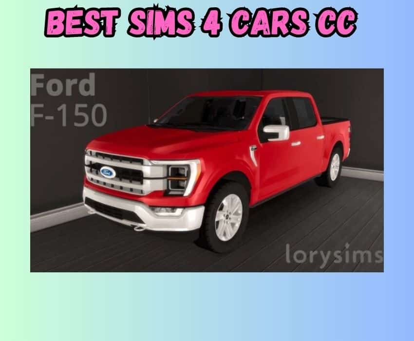 A red 2021 Ford F-150 vehicle is shown for Sims 4 Cars Custom Content. 