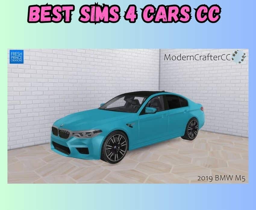 A light teal blue 2010 BMW M5 is shown in this photo for Sims 4 CC.