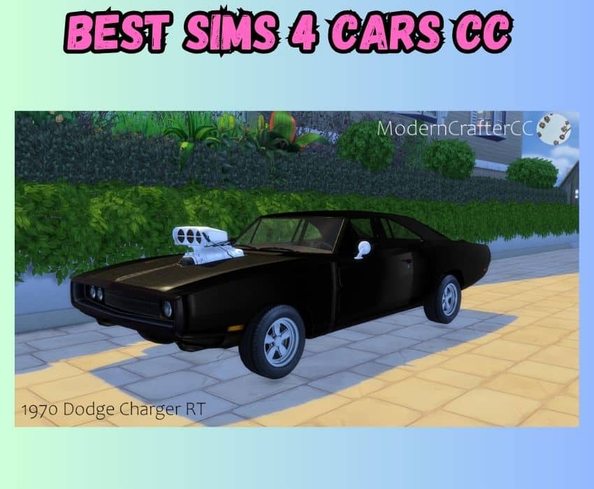 A black 1970 Dodge Charger RT is shown  for Sims 4 Cars CC. 