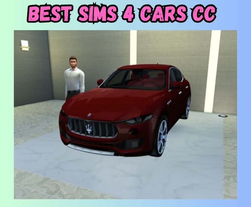 This photo shows a deep red Maserati Levante SUV vehicle with a male Sim character standing next to it for Sims 4 Car CC