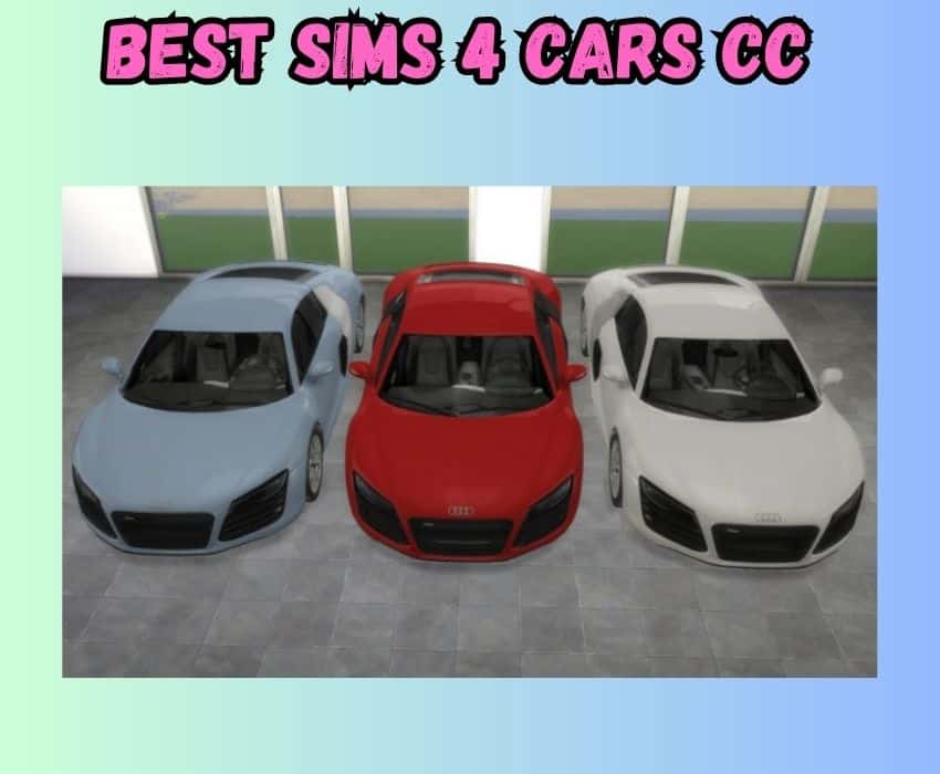 This photo features 3 versions of the Audi R8 V10 Vehicle created for Sims 4 Cars CC. On the left is a grey version of this vehicle, in the middle is a red version of the vehicle and on the right is a white version of the vehicle. 