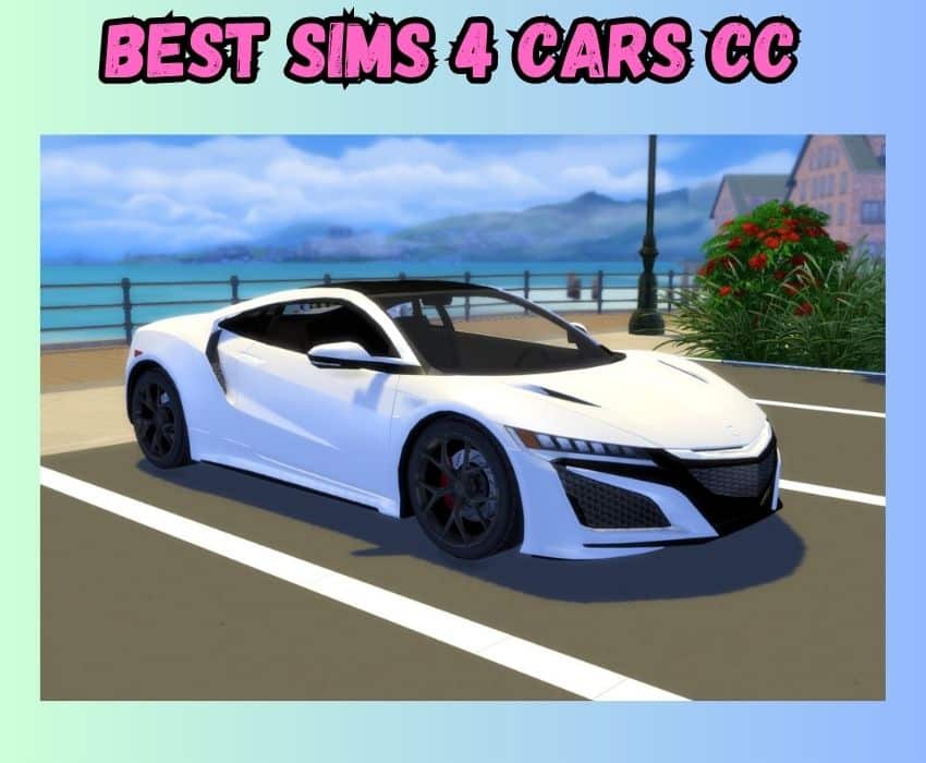 A white 2016 Acura NSX vehicle is shown in this photo with a beach background for Sims 4 Cars Custom Content. 