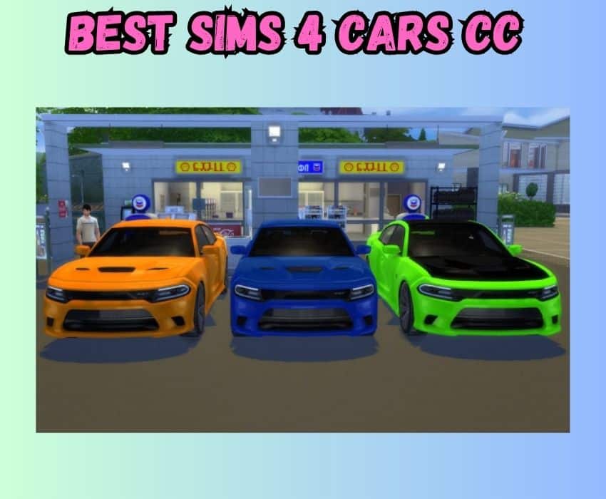 This photo shows 3 different versions of the Dodge Charger SRT Hellcat in 3 different colors side by side created for Sims 4 cars CC. On the left is an Orange version, middle is a dark blue color and the right vehicle is a neon green color. 