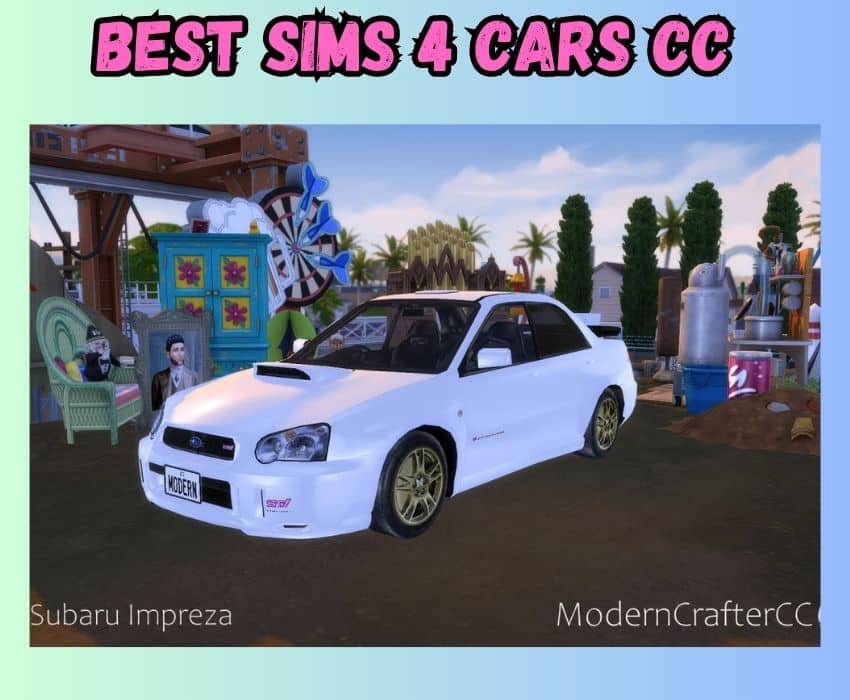 A white 2005 Subaru Impreza is shown for Sims 4 cars CC.