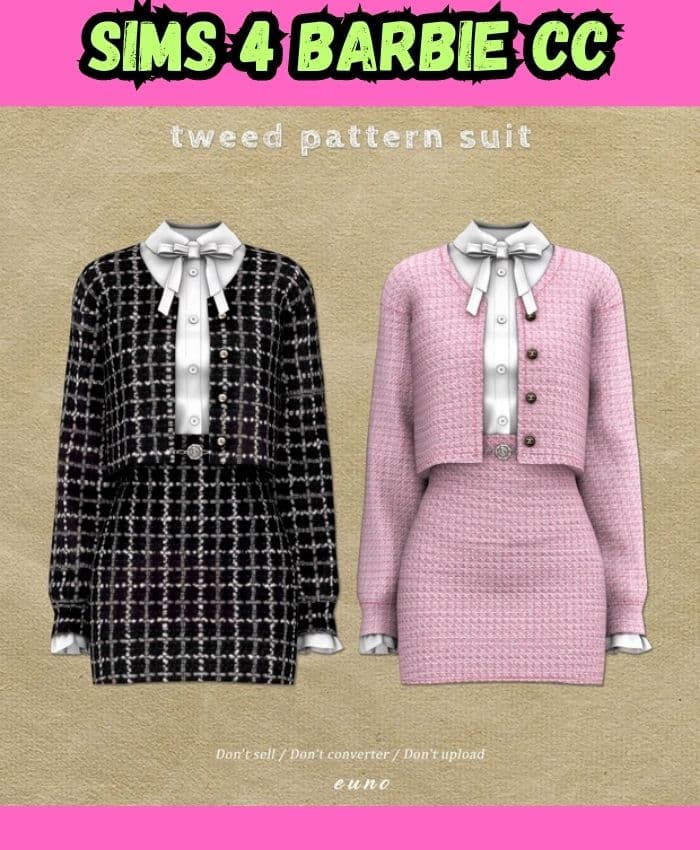 Tweed pattern suits in pink and black