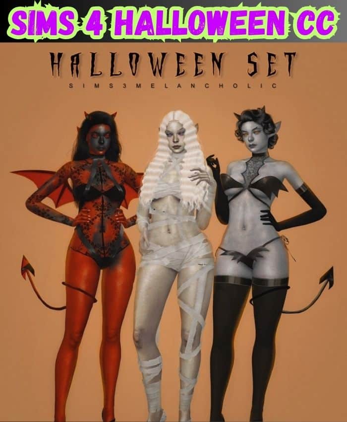 sims 4 halloween costumes set: mummy, devil, and demon costume 