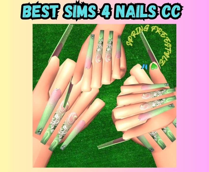 sims 4 green long nails with gemstones