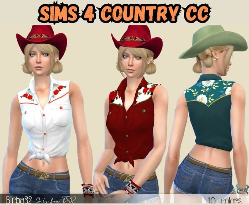 sims 4 country cc cowgirl hat and cowgirl jean shorts and top