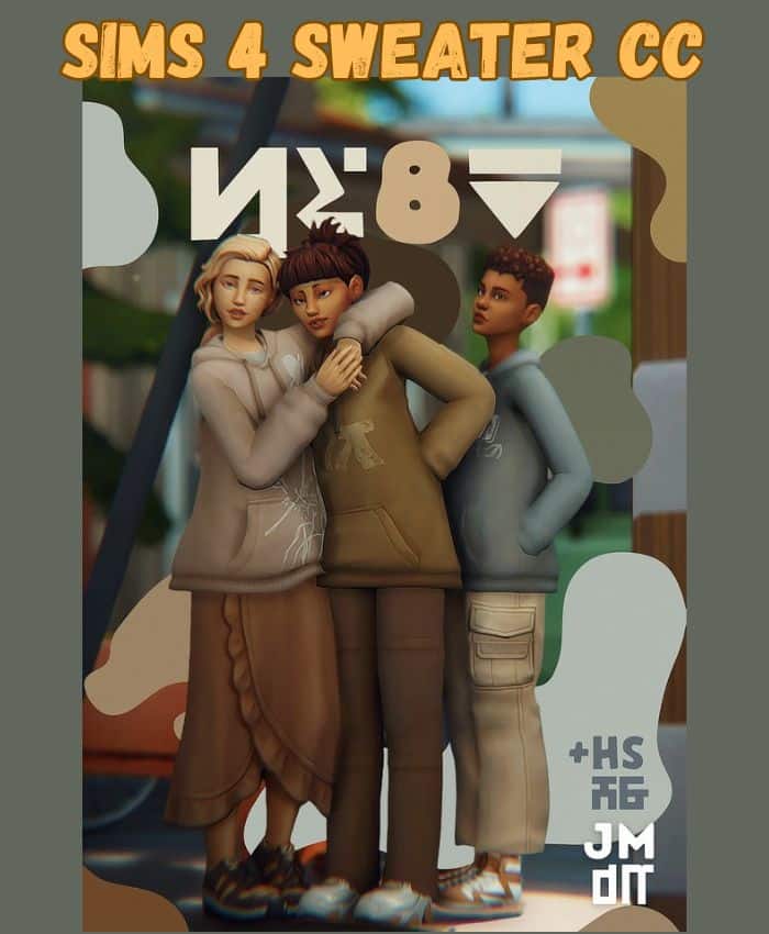 three sim teens wearing baggy sweaters