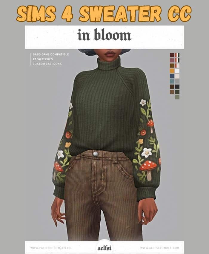 In bloom green sweater with flowers and mushrooms