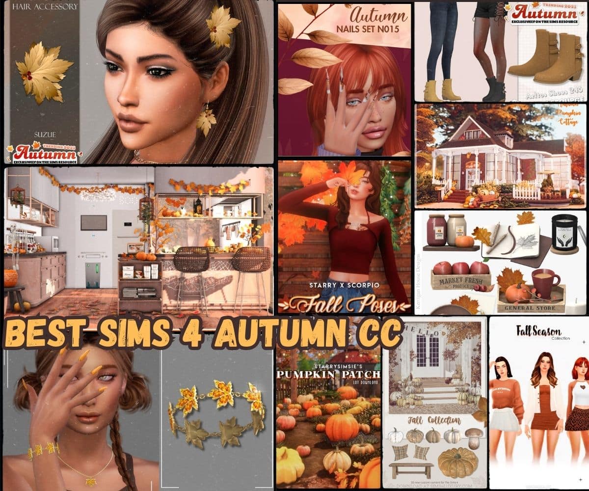 Sims 4 fall cc collage of different fall decor, fall nails, fall accessories, and more.