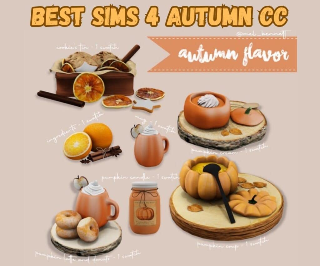 Sims 4 Autumn Flavors of food with pumpkin spice latte, candles, pumpkin soup, and cookies