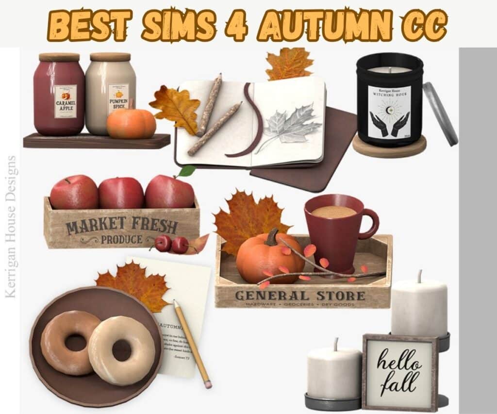 Sims 4 Fall decor and food like candles, leaves, donuts, pumpkins, and coffee