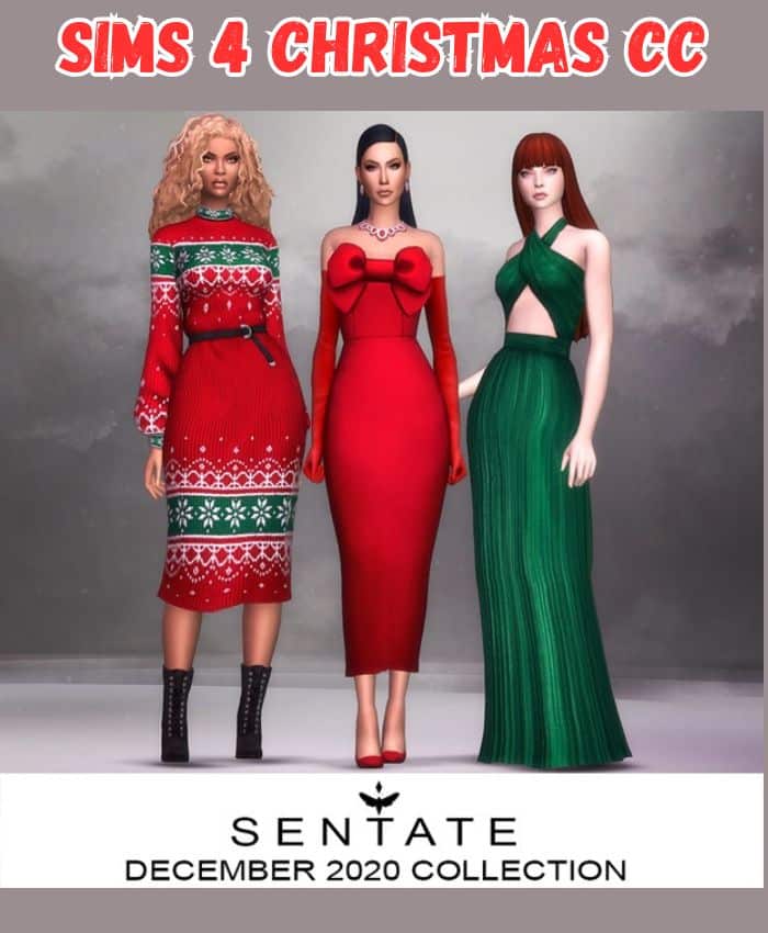 female sims wearing Christmas dresses cc