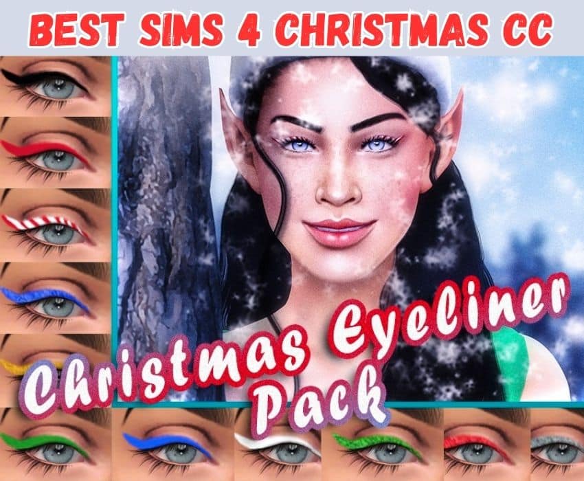 Sims 4 Christmas eyeliner on female sim in different styles like Candy cane, festive colors, and more