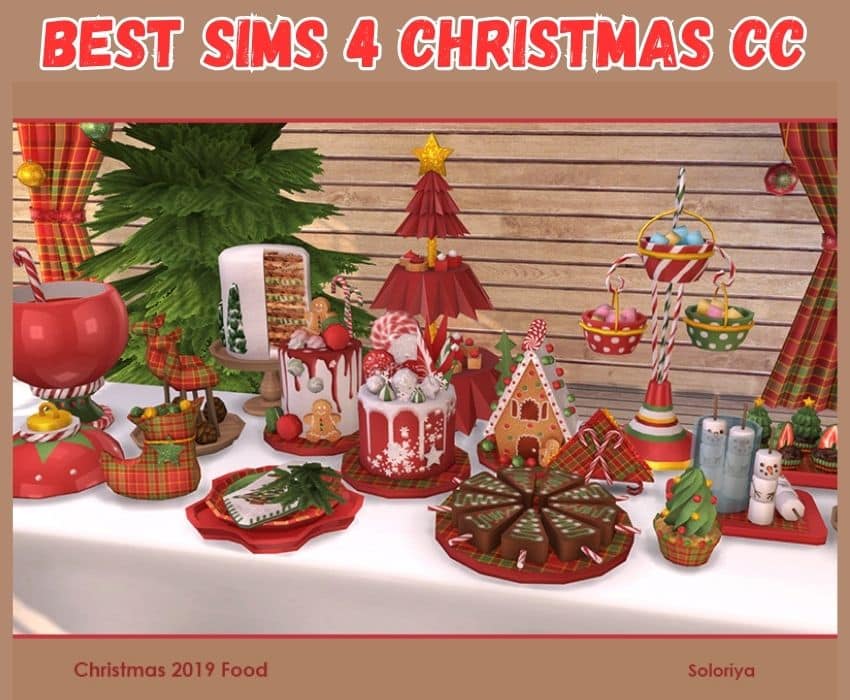 Sims 4 Christmas food setup of Gingerbread cookies, house, brownies, cupcakes, and cake!